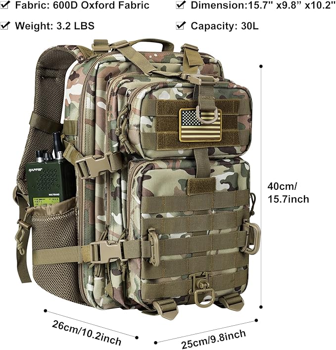 30L MOLLE Assault Pack, Tactical Backpack Military Army Camping Rucksack with Bottle Holder, 3-Day Pack, CP