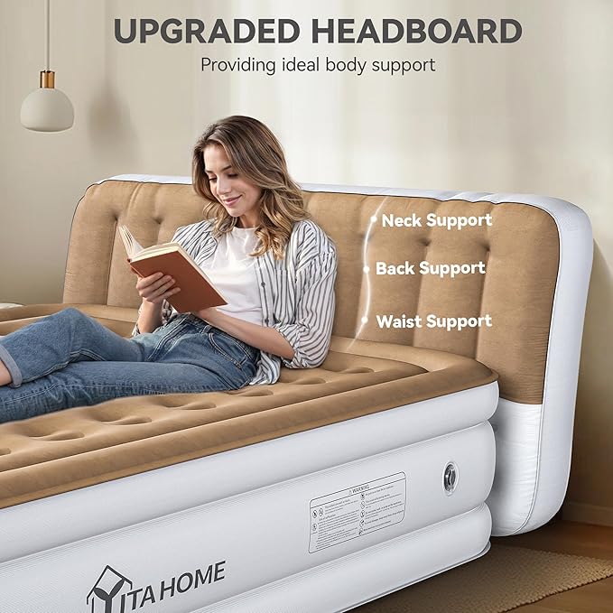YITAHOME 18'' Flocked Top Queen Air Mattress with Built-in Pump and Headboard, Durable Inflatable Bed, Blow-Up Mattress for Indoor and Outdoor Use, Brown