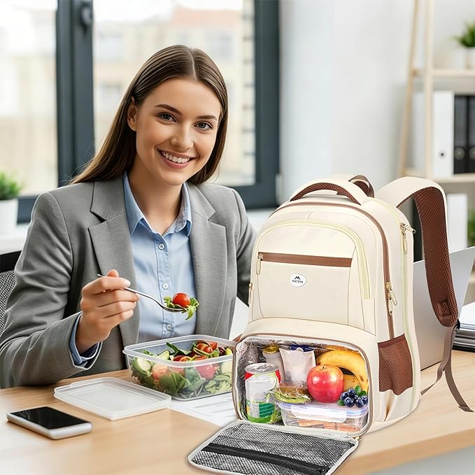 MATEIN Backpack Lunch Bag for Women, Sturdy Teacher Nurse Insulated Cooler Backpack for Work College Commute Travel, Stylish Cute 17 Inch Laptop School Bag with Lunch Compartment, Beige-Brown