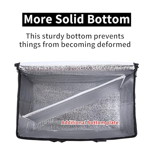 2 Pack Additional Bottom Plate Black Insulated Grocery Shopping Bag, Delivery,Pizza,Reusable Bags, Sturdy Zipper,Collapsible,Tote,Cooler,Thermal,Beach,Waterproof Heavy Duty