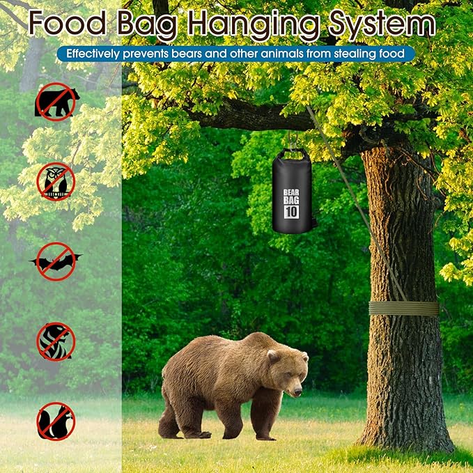Bear Food Bag Hanging System, Bear Bags for Food Backpacking, Ultralight 10L Waterproof Camping Bear Proof Food Storage Canister Pulley System with Paracord, Carabiner, Throw Bag