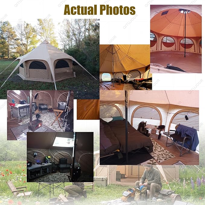 Canvas Bell Tent, Three Assembly Methods Large Yurt Tent with Stove Jack for Camping & Glamping, 15 Person Maximum Space, Waterproof 4 Season Hot Tent with 8 Mesh Windows & Removable Floor