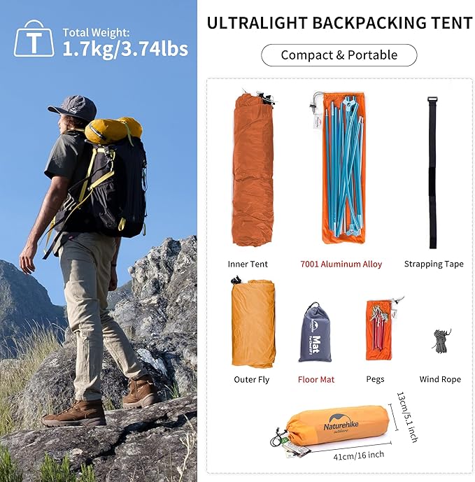 Naturehike Cloud Up 1 Person Tent, Lightweight Backpacking Tents for One Man, Waterproof Ultralight One Person Tent for Camping Hiking Backpacking