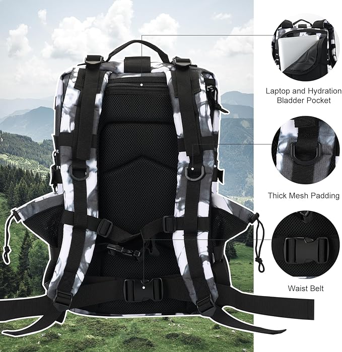 45L MOLLE Assault Pack, Tactical Backpack Military Army Camping Rucksack with Bottle Holder, 3-Day Pack Trip w/USA Flag Patch, D-Rings, White Camo