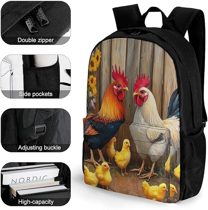 Supdreamc Men Women Polyester Garden Flowers Chicken Rooster Sunflowers Painting Casual Daypack Large Capacity Carry On Bag With Adjustable Shoulder Straps for Camping Work Running