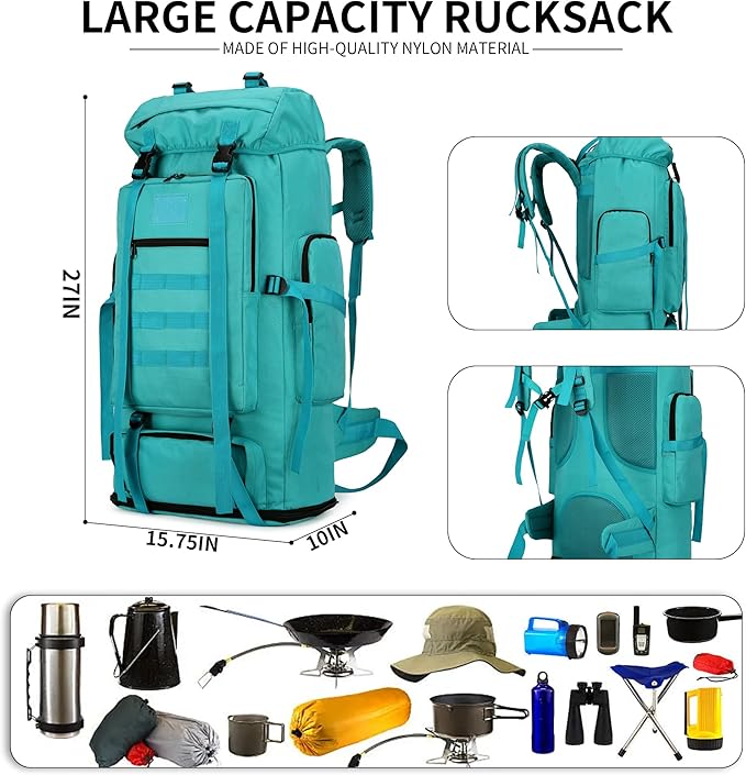 100L Hiking Camping Backpack MOLLE Rucksack Waterproof Daypack (LakeBlue)