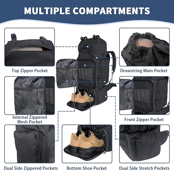 70L Hiking Backpack for Men Women Camping bag with Shoe Compartment Large Military Tactical Backpack, MOLLE Rucksack Sport Travel Backpacking Daypack (Black)