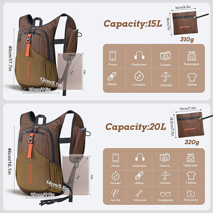 15L Small Hiking Backpack for Men Women Foldable Packable Back Pack Ultralight Hiking Daypack for Travel Camping Outdoor, Chocolate Brown