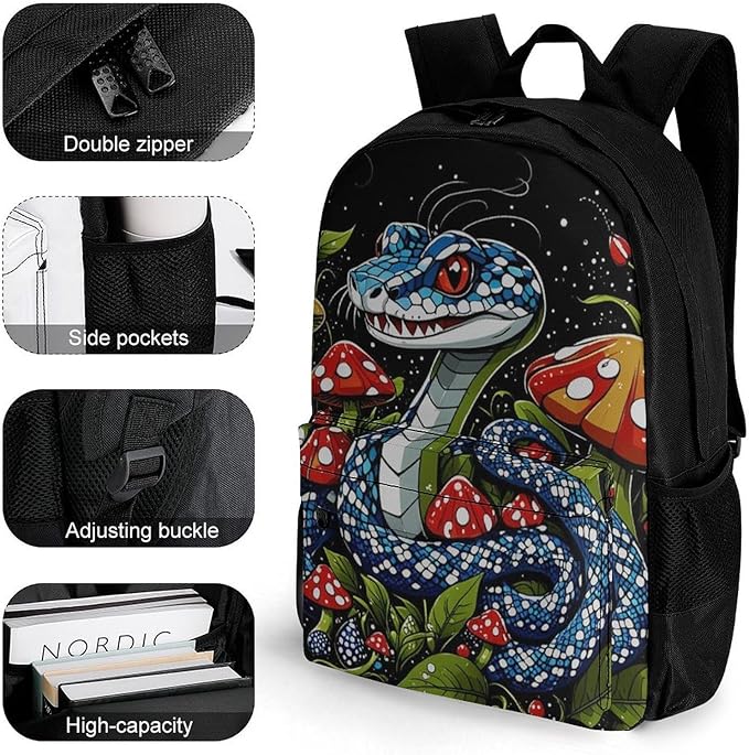 Men Women Lightweight Trippy Mushroom Snake Art Casual Daypack Big Capacity Bookbag With Padded Straps for Gym Travel Walking Cycling