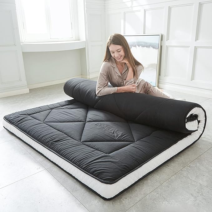 Japanese Folding Futon Mattress, Thicken & Portable Roll-Up Camping Mat, Black Full