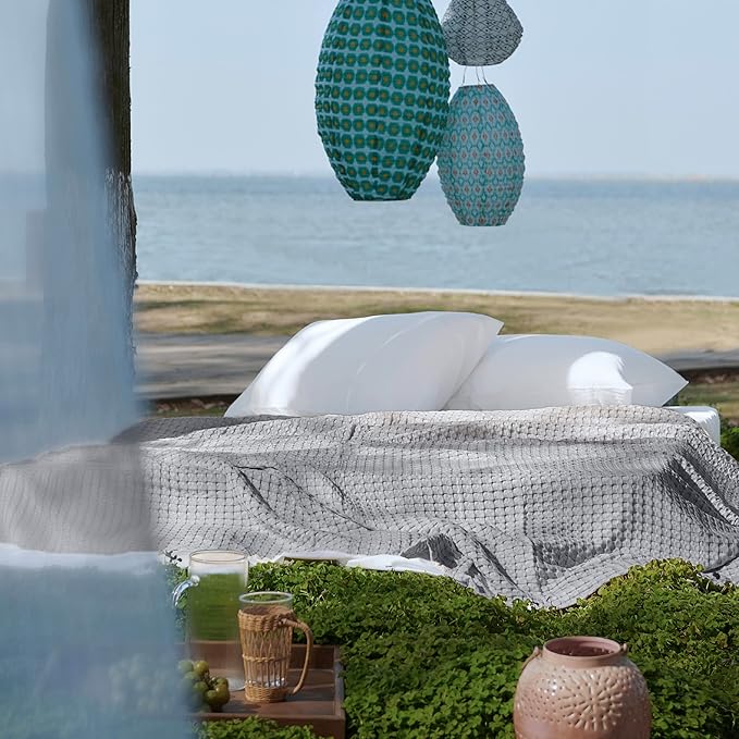 Bedsure Cooling Cotton Waffle Full Size Blanket - Lightweight Breathable Blanket of Rayon Derived from Bamboo for Hot Sleepers, Luxury Throws for Bed, Couch and Sofa, Grey, 80x90 Inches