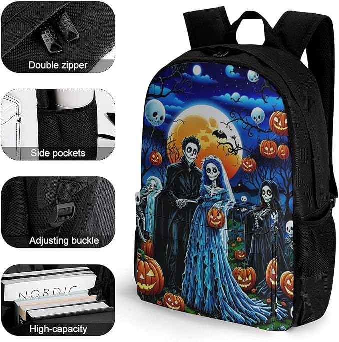 Supdreamc Rucksacks Lightweight Multipurpose Anti-Theft Sugar Skull Party Day Of The Dead Ghost Bride And Groom Art Shoulder Bag Big Capacity Laptop Book Bag Rucksack With Padded Straps