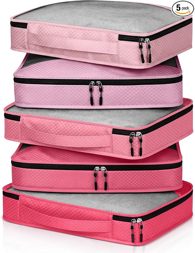 5 Pcs Packing Cubes for Suitcase Large Travel Cubes Carry on Luggage Organizer Bags for Clothes Accessories(S,Pink)