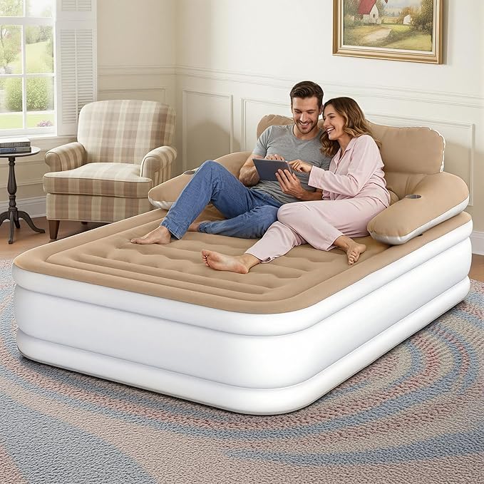 DWVO Queen Size Air Mattress with Headboard & Cup Holders, Blow Up Bed with Built-in Pump & Carry Bag, Fast Inflation Air Bed for Home, Guests & Camping, 60" x 80" x 36", Brown