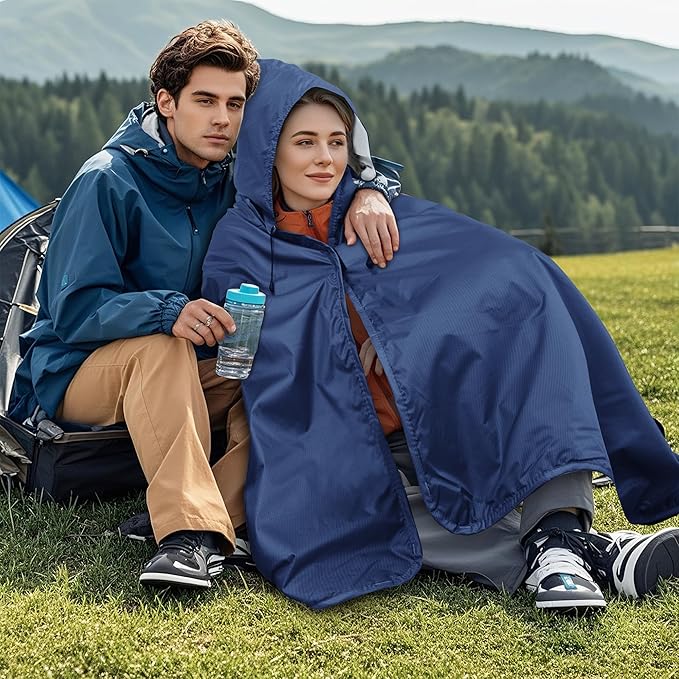 Fleece Waterproof Outdoor Blanket - Windproof Stadium Blanket for Camping, Picnics, and Sports Stay Dry and Comfortable 80"x 58"(Hoodeed, Blue)