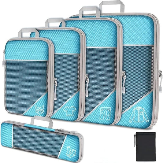 6Pcs Compression Packing Cubes Set, Waterproof Travel Luggage Organizer with Drawstring Bag, Lightweight Nylon Suitcase Storage Bags for Travel Camping Business Trip