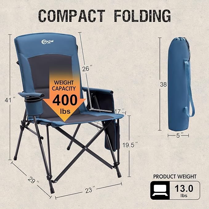 Portal Heated Camping Chairs for Adults Outdoor Sports Oversized Folding Lawn Chair with High Back, Heavy Duty 400 Lbs, Battery Not Included, Blue