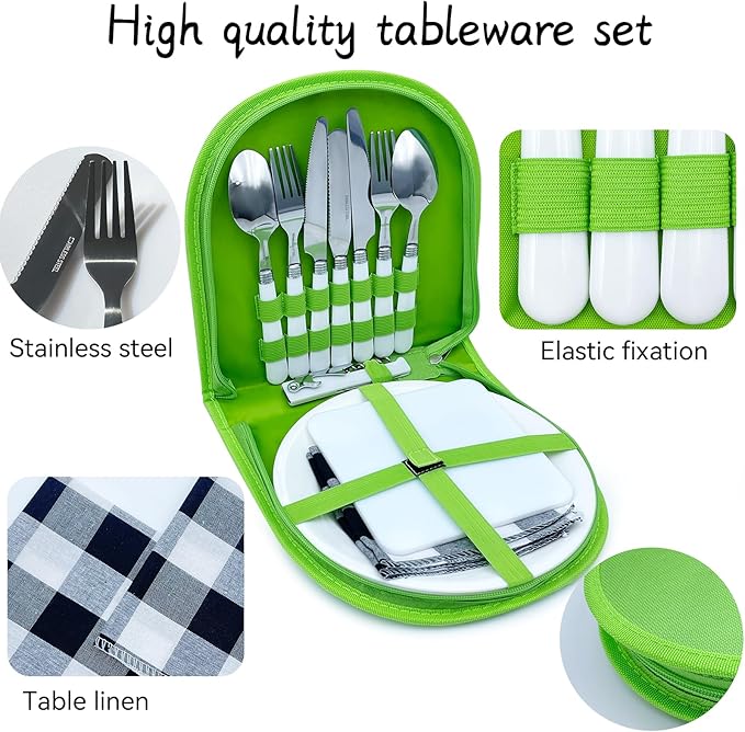 Portable Camping Silverware Utensil Set, 13 Pcs Picnic Mess Kit for 2 Person-Stainless Steel Serrated Knife Spoon Fork Wine Opener Plate Cutting Board Napkin, Camp BBQ Travel Set