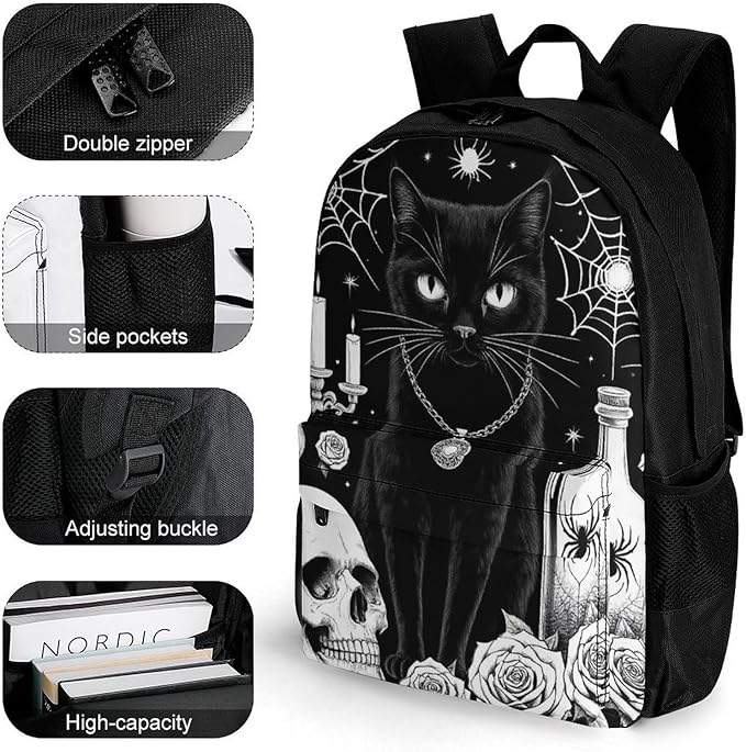 Supdreamc Polyester Daypack Backpack for Climbing Outdoors Running, Big Capacity Multipurpose Anti-Theft Bookbag, Black Cat Rose Skull Goth Travel Hiking Camping Rucksack