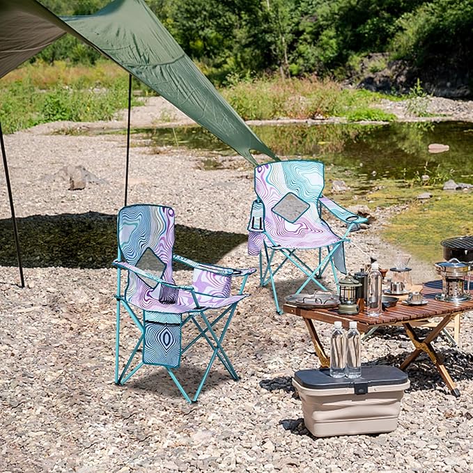 Nazhura 4 Pack Folding Camping Chair with Cooler Pouch, Mesh Backrest and Cup Holder Pocket (Flower, 4 Pack)
