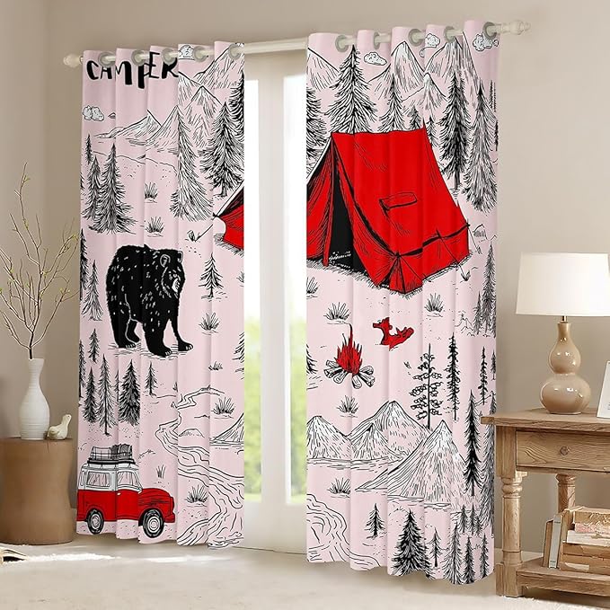 Feelyou Pink Camper Camping Curtains for Bedroom Living Room Rustic Farmhouse Animal Bear Blackout Shades Camping Theme Room Darkening Curtain Window Treatments, 2 Panels 38 x 54 Inch Decor