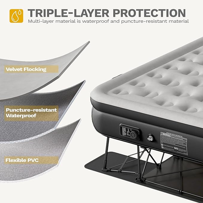 DWVO Inflatable Queen Air Bed with Folding Frame & Rolling Bag, Built-in Pump Blow Up Mattress for Camping, Guest Room & Travel, Portable Air Mattress with Case, 79 x 59 x 28 Inches, Black