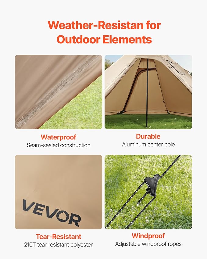 VEVOR Hot Tent, Camping Tipi Hot Tents with Stove Jack, Portable Winter Camping Tents with Snow Skirt, Easy Setup, Waterproof 4 Season Shelter Tents for Fishing Backpacking