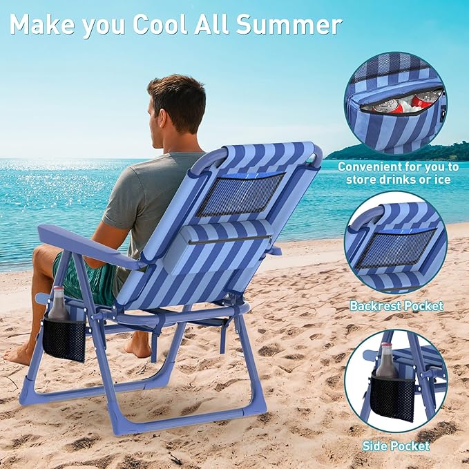 Suteck Backpack Beach Chairs for Adults 2 Pack, 6-Position Folding Reclining Chair with Cooler Bag & Cup Holder, Lightweight Portable Beach Chair for Camping, Outdoor, Sand, Travel Use