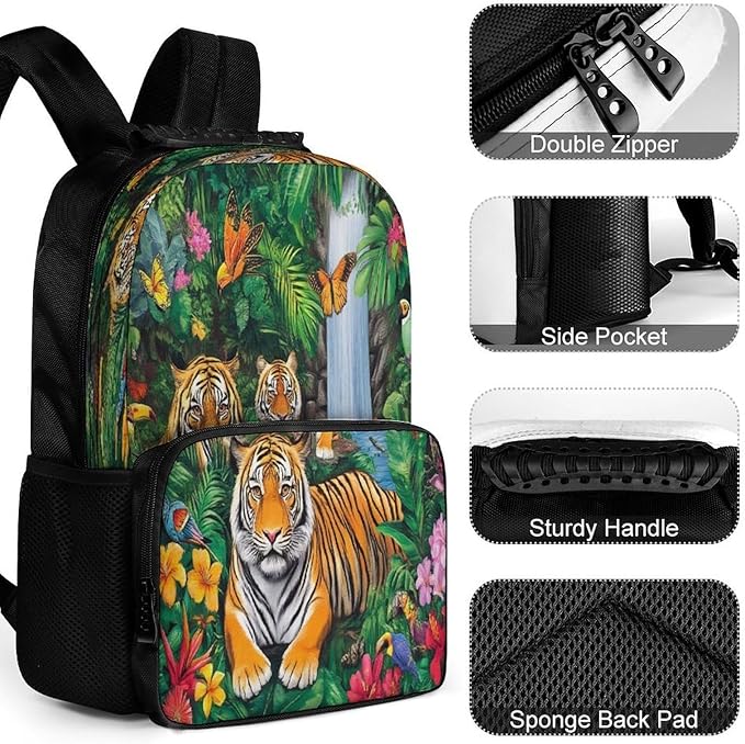 Women Men Polyester Tropical Jungle Parrot Birds Tiger Art Casual Daypack Large Capacity Bookbag With Side Pockets for Sports Picnic Walking Cycling
