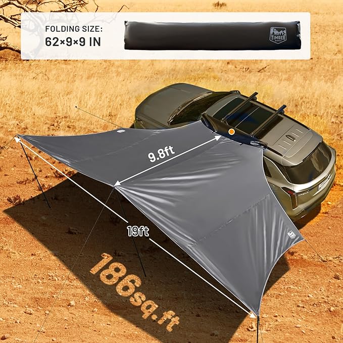 TIMBER RIDGE 19x9.8ft Retractable Car Awning with Blackout Coating, 186ft² Roof Rack Pull-Out Sun Shade Overland Camping, UPF50+ Waterproof Sun Shelter for Vehicle/Truck/Jeep/SUV/Van Grey