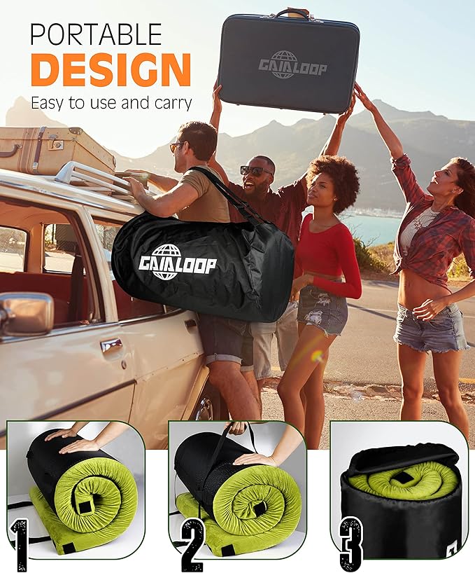 4 Inch GAIALOOP Extra Thick Memory Foam Camping Mattress, Roll Up Floor Sleeping Mat Camp Cot Mattress Pad Travel Camping Couch Bed for Guest Adults Side Sleepers