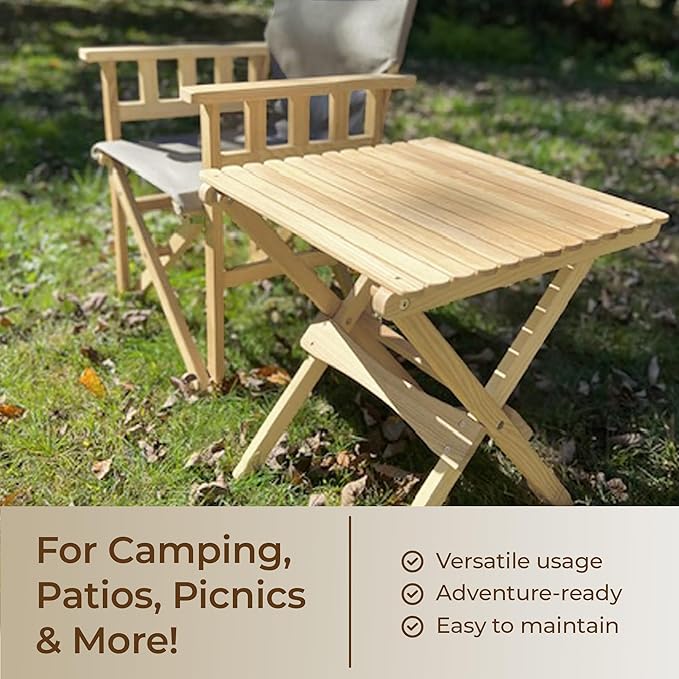 BYER OF MAINE Pangean Folding Wooden Side Table – 22" L x 20" W x 20" H, Folding Ash Wood Table for Patio, Porch, Balcony, Camping & Garden Use