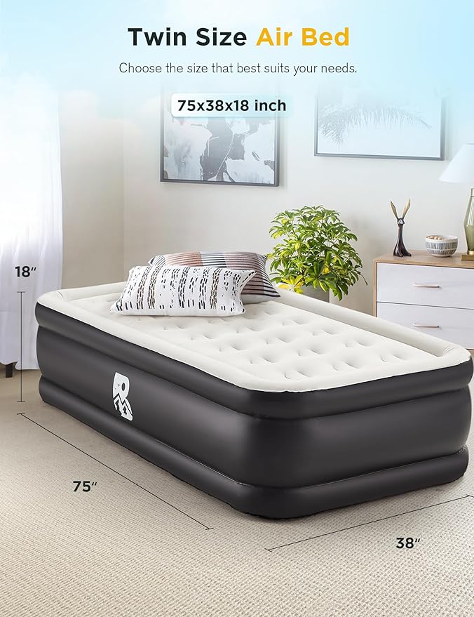 Twin Size Air Mattress with Built-in Pump 18" Raised - 2-Min Set Up, No Odd Smell, 600 lb Support, Foldable Air Bed with Storage Bag, Perfect for Camping, Guests & Home Use