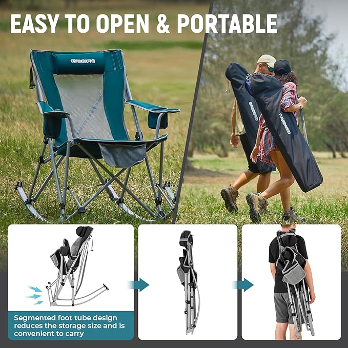 FUNDANGO Rocking Camping Chair, 2 Pack High Mesh Back Portable Folding Camp Chairs with Pillows, Cup Holder and Carry Bag for Lawn Patio Garden Outdoor Supports 300 Lbs (Black/Grey)
