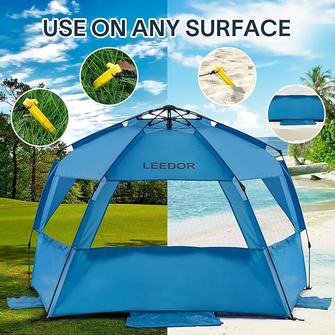 LEEDOR® Beach Tent Sun Shelter Instant Beach Umbrella with UPF 50+ UV Portable Windproof Pop Up Shade for 3 to 4 Person for Family Patent Pending