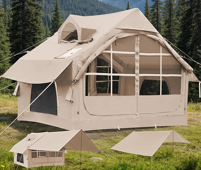 Inflatable Tents for Camping with Stove Jack, 2/4/6/8 Person Easy Setup Blow Up Tents for 4 Seasons Waterproof Inflatable Camping Tent with Awning, Air House Glamping Tents for Camping Adult
