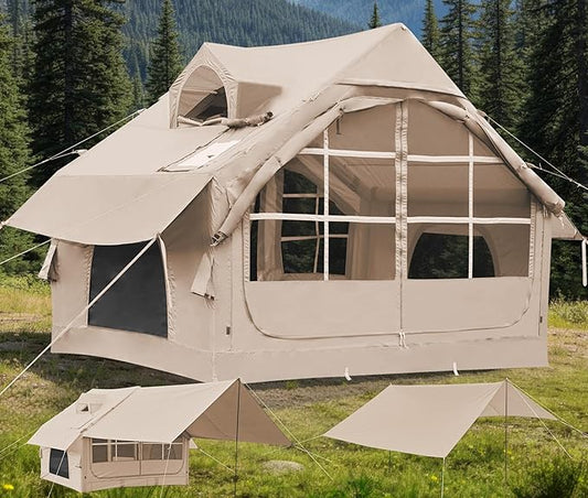 Inflatable Tents for Camping with Stove Jack, 2/4/6/8 Person Easy Setup Blow Up Tents for 4 Seasons Waterproof Inflatable Camping Tent with Awning, Air House Glamping Tents for Camping Adult