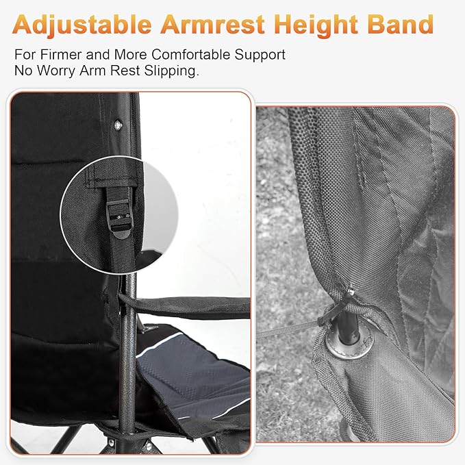 Romswi Oversized Camping Chairs,Heavy Duty Support 500 LBS,Padded Back & Arm Sport Chairs, Cup Holder Cooler Bag, Collapsible Folding Chairs for Outdoor, Fishing & Garden, Black,2-Pack