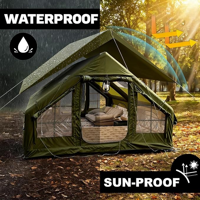Inflatable Camping Tents 8-10 Person,129 Square Feets Large Inflatable Camping Tent with Stove Jack,Blow up Tent with Mesh Windows & Pump
