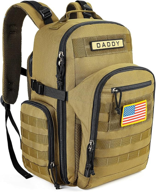 SHARKMOUTH Dad Diaper Bag Backpack - Military Baby Gear Backpacks with Daddy Patches Tan
