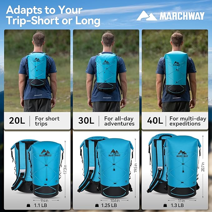 MARCHWAY Floating Roll Top Dry Bag, Flexible Lightweight TPU Waterproof Backpack 20L/30L/40L with Padded Straps for Boating, Kayaking, Swimming, Hiking, Beach (Blue, 20L)