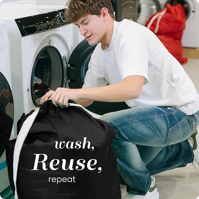 Handy Laundry Bag Shoulder Strap - Drawstring Locking Closure, Durable Material, Large Capacity, Heavy Duty Stitching, Hands Free Carrying - Perfect College Dorm (Black, 30" x 40")