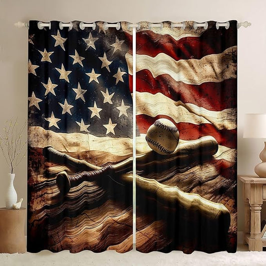 Manfei Baseball Blackout Curtains Retro American Flag Wooden Window Drapes,Sports Gaming Theme Window Treatments,Kids Boys Girls Room Decor,Grommet Top 2 Panel Set Bedroom Curtains, 42Wx90L inch