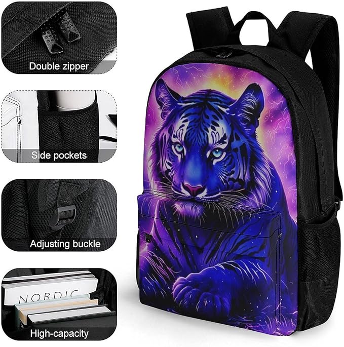 Lightweight Rucksacks for Camping Picnic Walking Cycling, Large Capacity Multipurpose Anti-Theft Carry On Bag, Trippy Tiger Neon Art Travel Hiking Camping Rucksack