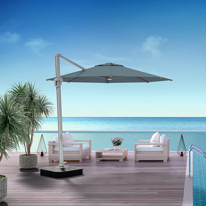 Midtown Umbrellas The Grande Round 10 FT Outdoor Cantilever Patio Umbrella w/Sunbrella Canvas Haze Acrylic Fabric - 8 Rib Aluminum Frame Offset w/Tilt And 360° Rotate Pedal System - Silver Frame