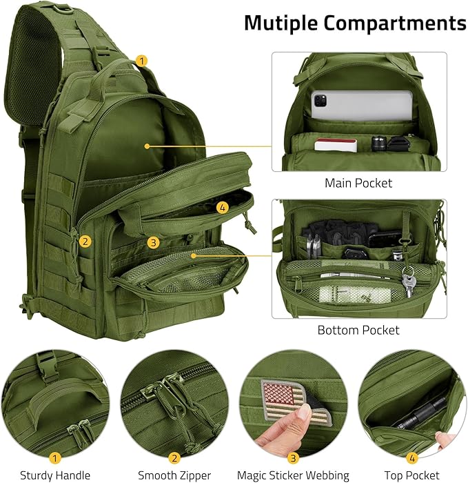 CVLIFE Tactical Sling Bag Backpack for Men Military Shoulder Sling Bag Molle Army Assault Detachable Tactical Bag (Green)