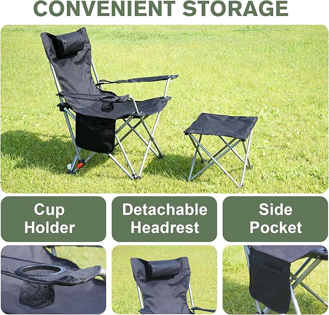 Portable Camping Chair with Footrest Folding Lounge Chair, Reclining Chair for Outside with Cup Holder, Side Pocket and Pillow, Heavy Duty Collapsible Chair for Sports,Outdoors & Lawns