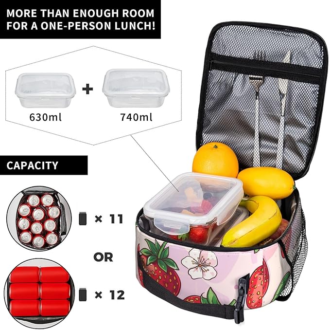 Vintage Floral Insulated Lunch Box for Women Men Retro Colorful Flower Design Lunch Bag for Work,Picnic,Travel,Hiking,Beach or Fishing Polyester Nature Lovers Lunch Box