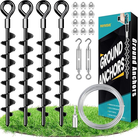 Ground Anchors Shed Anchors Kit with 1/8" Galvanized Cable and Turnbuckles, Trampoline Stakes Heavy Duty Earth Anchor for Sheds Canopy Gazebo Mobile Home Swing Set(4x15in)