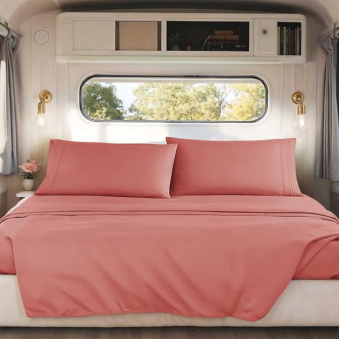 Clara Clark RV Short Queen Sheets - Hotel Luxury 6 Piece Bed Sheets for Short Queen Size Bed - Soft Bedding Sheets & Pillowcases, Fits Low Mattress up to 10 inch deep. Short Queen, Pink Clay